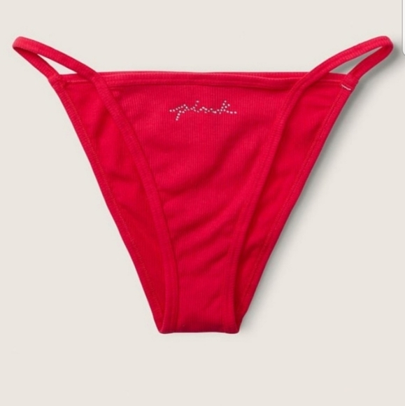 Victoria's Secret PINK Sequin Bling String Bikini Panty Ribbed Red NWT - Picture 2 of 11